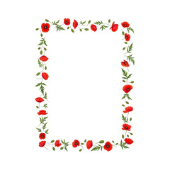 Red poppy flower rectangular border isolated on transparent background