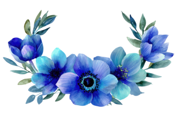 Watercolor floral wreath with vibrant blue anemones and leaves, isolated on black