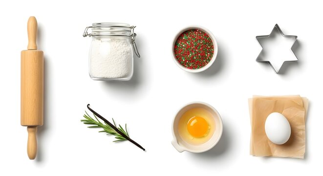 Baking ingredients and tools arranged for a recipe on a white background