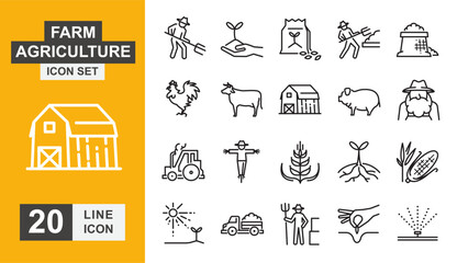 Farm agriculture icon set. Windmill, sheep, pig, cow, farmhouse and more line icon.