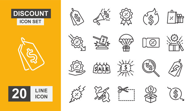 Discount icon set. Price, sale, coupon, badge, specials, offer and more line icon.