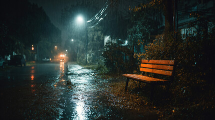 Rainy night park scene with glowing streetlamp and wooden bench with bokeh lights