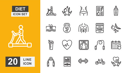 Diet icon set. Jogging, supplement, meditation, health care, bicep, training and more line icon.