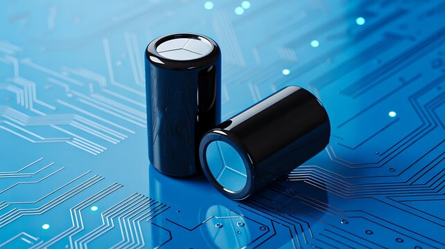 Electronic capacitors placed on modern blue circuit board technology background