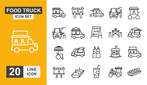 Food truck icon set. Van, transportation, catering and more line icon. - Powered by Adobe
