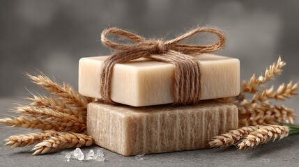 Beige handmade soap bar with natural textured surface and rustic twine on soft grey background for organic skincare branding packaging mockup and spa beauty product presentation