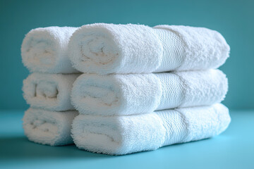 Towels stacked on blue background, white bathroom element