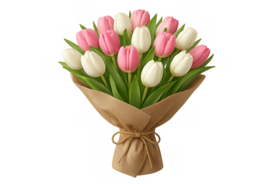 Beautiful bouquet of pink and white tulips wrapping in craft paper, symbolizing love, spring, and celebration on transparent background