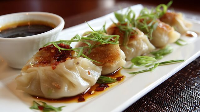 Steamed pork dumplings with soy sauce and green onions