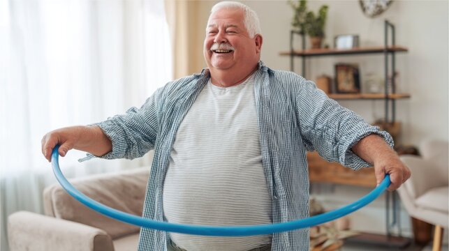 A joyful senior man engages in hula hooping inside his bright living room. He wears a casual outfit and smiles widely while enjoying this fun physical activity. - Powered by Adobe