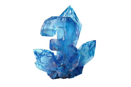 A glowing, ice-blue numeral "3" formed from crystalline structures, on a stark black backdrop