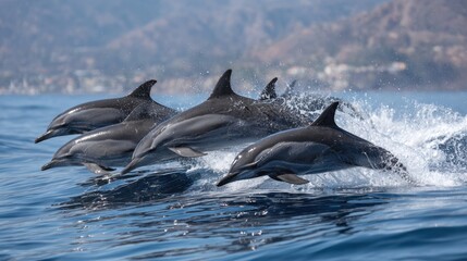 Fototapeta premium Group of dolphins leaps joyfully above the surface of the ocean, creating splashes against the backdrop of sunny California. The scene captures their playful nature and agility.