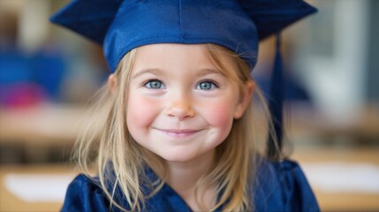A young girl wears a blue graduation cap and gown, beaming with excitement during her school graduation ceremony. Friends and family celebrate this special milestone.