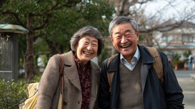 An elderly couple stands close together in a serene park, smiling brightly at each other under the clear blue sky. They are dressed warmly, enjoying a peaceful winter day.