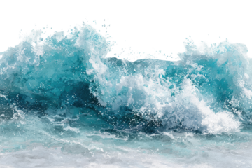 A dynamic depiction of a frothy turquoise wave cresting, showing movement and power