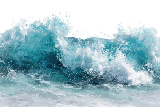 A dynamic depiction of a frothy turquoise wave cresting, showing movement and power