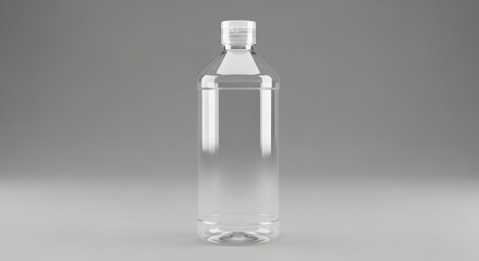 Blank clear plastic water bottle with white cap isolated on a simple gray background