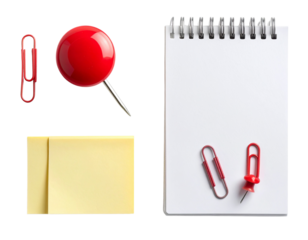 Bright Red Drawing Pin with Office Desk Elements – isolated on transparent background