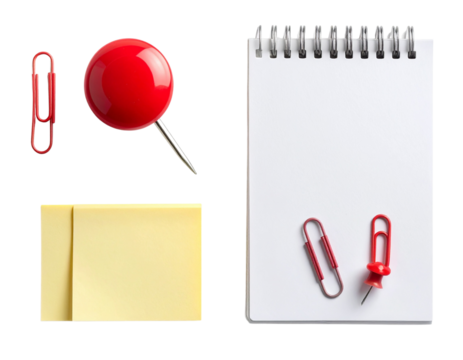  Bright Red Drawing Pin with Office Desk Elements – isolated on transparent background