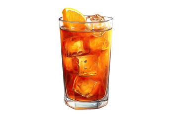 Illustration of an amber cocktail in a glass with ice cubes and an orange slice
