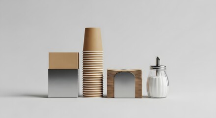 Eco friendly cafe supplies with disposable paper cups napkin holder and sugar shaker mockup