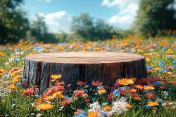 Wooden podium on field with wildflowers, summer nature