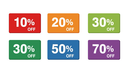 Six colorful discount tags displaying percentages off in white text arranged in two rows