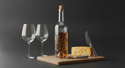 Elegant white wine and cheese pairing with glasses on a wooden board against a dark background