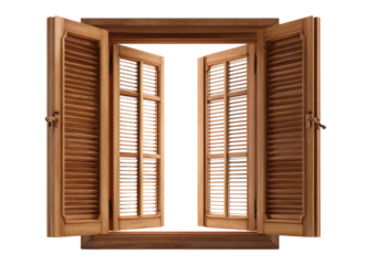 Wooden shutters wide open, revealing a bright, contrasting space; isolated on a black background