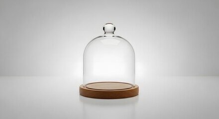 Empty glass display dome with a wooden base on a clean white studio background
