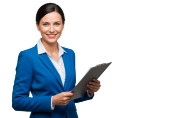 Confident and professional businesswoman in a blue suit smiles warmly while holding a clipboard, ready for meeting, isolated on transparent background, png