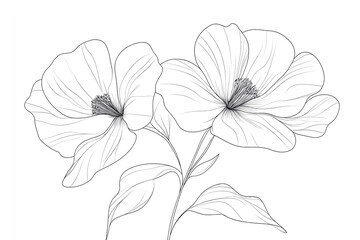 Intricate line art of two blooming flowers with leaves in monochrome illustration