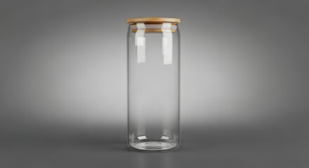 Empty tall cylindrical glass container with wooden lid for beverage product mockup