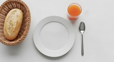 Empty white plate with bread roll and juice for a simple breakfast on white background