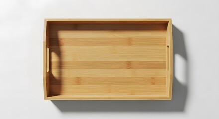 Empty wooden bamboo tray with handles top view on a clean white background