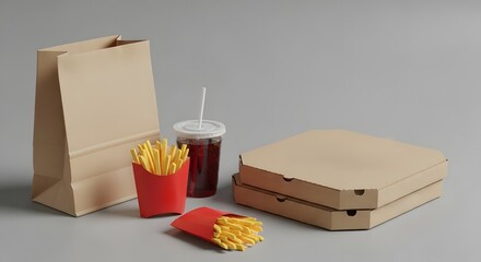 Fast food takeout meal with pizza boxes french fries soda and paper bag on gray background