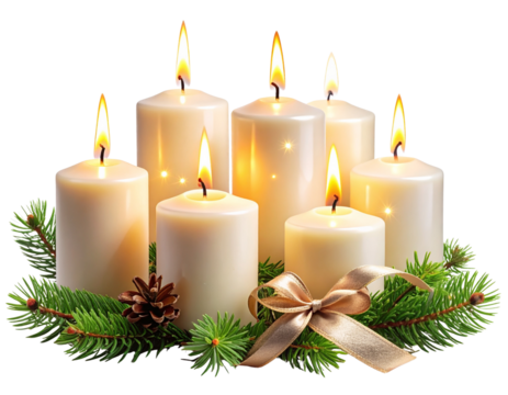  Lit Wax Candles in Seasonal Ambient Arrangement – isolated on transparent background