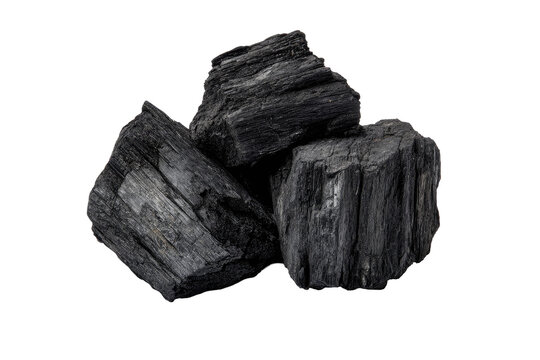 Close-up of three rough, dark charcoal briquettes piled on a black background