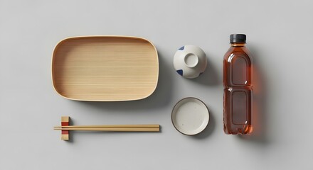 Minimalist japanese tableware flat lay with wooden tray chopsticks and tea bottle