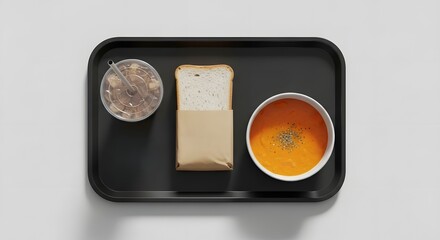 Minimalist top view of a simple lunch meal with soup and sandwich on a black tray