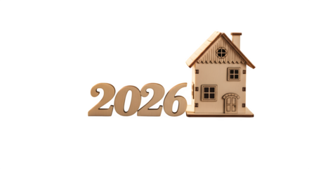 Wooden miniature house and year 2026 symbolizing future housing market trends