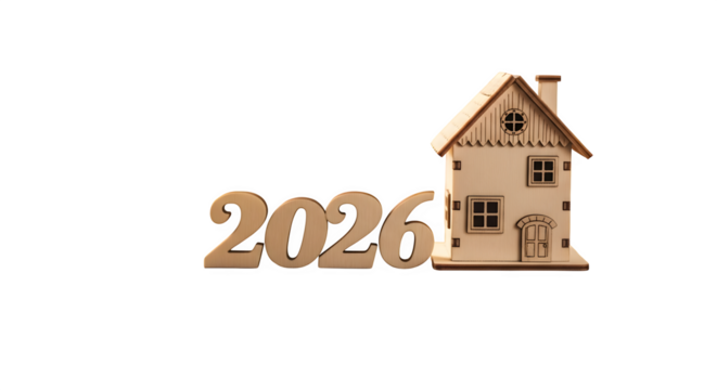 Wooden miniature house and year 2026 symbolizing future housing market trends