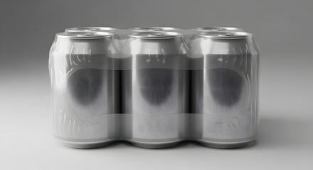 Monochrome six pack of blank aluminum beverage cans in plastic wrap on a gray background