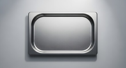 Overhead view of an empty stainless steel gastronorm pan on a gray background