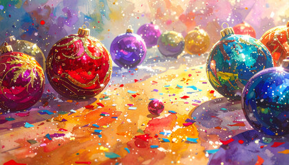 Christmas ornament ball decoration with colorful confetti on bright background, festive holiday celebration with shiny glitter and vibrant colors creating joyful atmosphere