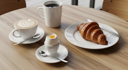 Continental breakfast spread with coffee croissant and soft boiled egg on table