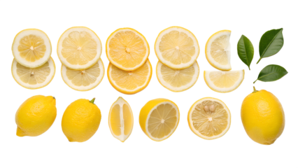 Horizontal Collage of Assorted Lemon Slices, Whole Lemons, and Various Fruit Details Isolated on a White Background