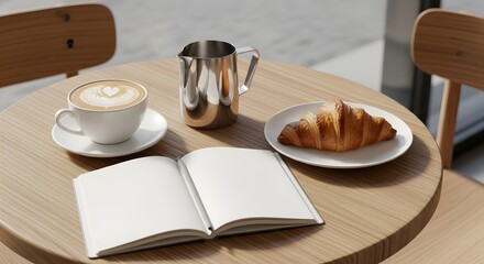 Cozy morning coffee break with fresh croissant and open blank book on a wooden table