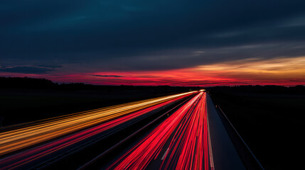 motorway. Sunset motorway with dynamic light streaks and a warm atmospheric dusk glow. inspiring travel planning, mobility guides, designed for mobility and urban transit guides.
