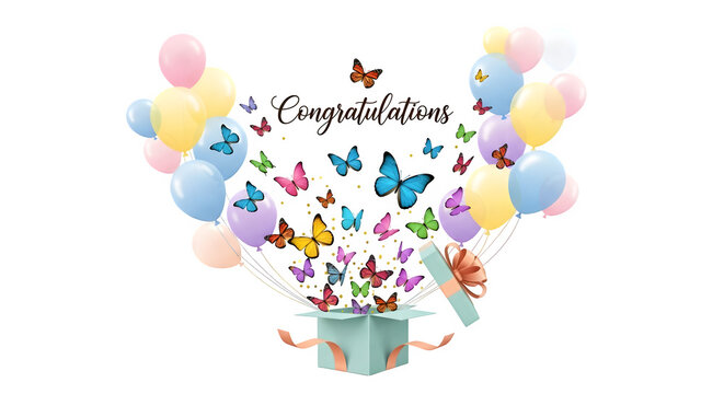 Pastel balloons and flying butterflies burst from a gift box with 'congratulations' text